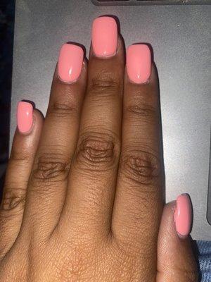 Nail shape is bubble shaped kind of fat looking- also began as French tip but that was replaced with a single color