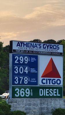 The sign for Athena's Gyros at the gas station.