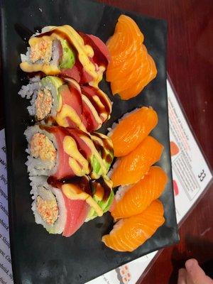 Salmon sashimi, Salmon nigiri, Butterfly roll