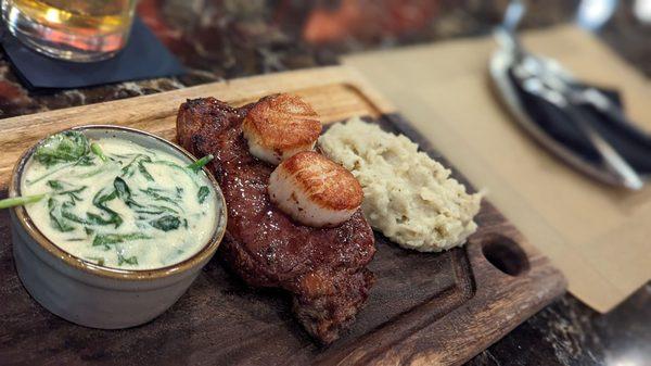 Steak, scallops, spinach and masked potatoes