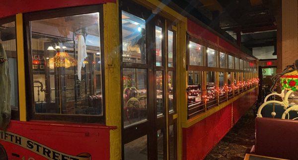 Trolly car in dining room of Spaghetti Warehouse