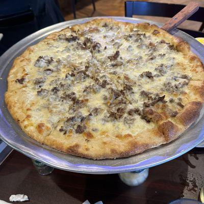 Friday 5/31/24 Special Cheesesteak Pizza specials available in white or red sauce. This is a medium.