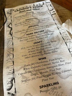 Beer and wine menu