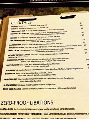 Cocktail Menu, changes frequently