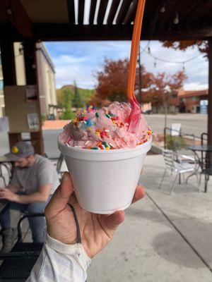 Bubble gum ice cream and sprinkles. Every kids dream!