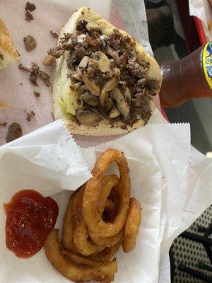 Mushroom cheesesteak and onion rings