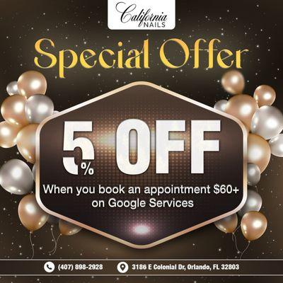 SPECIAL OFFER 

 Get 5% OFF when you book an appointment for $60+ on Google Services.