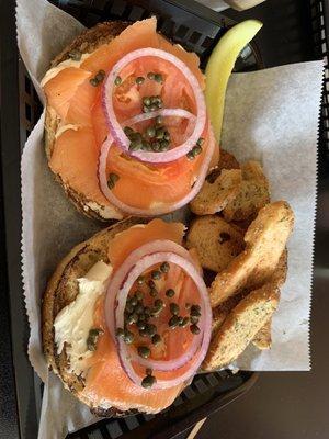 Lox bagel on everything with bagel chips