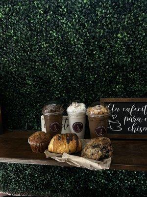 Left to right drinks: Coco puff latte, horchata frappe & Cinnamon Toast Crunch