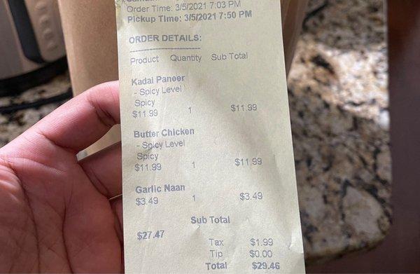 Receipt showing what was ordered