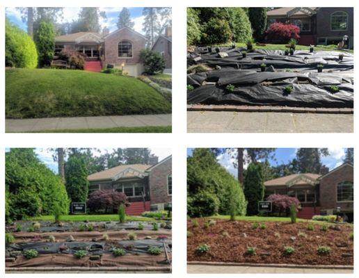 Terraced 26-degree hill into three sections to improve walkability and amended soil. Designed garden layout and installed all plants.