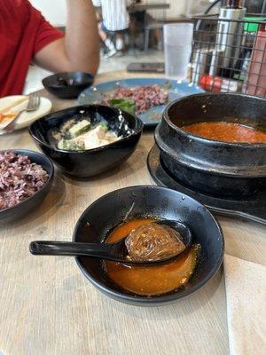 Front is the beef Bulgogi Soup (Ddukbaegi Bulgogi) and behind us Tofu Cucumber Salad, the blue plate once had Chicken Katsu