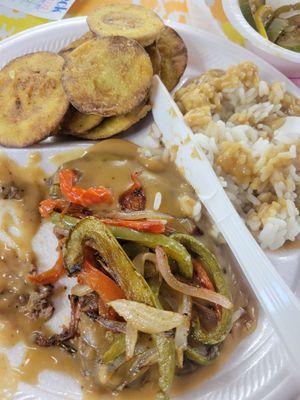 Hamburger Steak, fried squash, gravy rice and cornbread... 100%Delicious