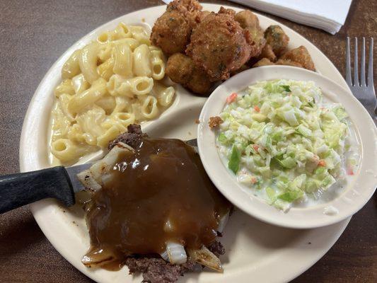 Small Hamburger steak, slaw, Mac and cheese, fried okra