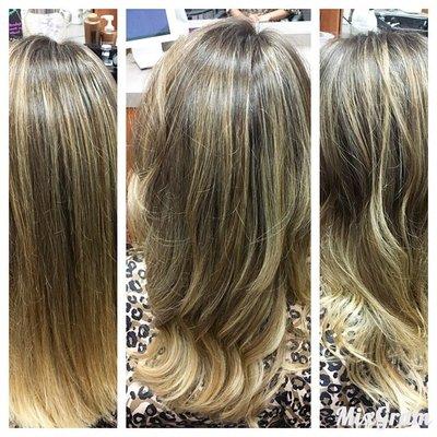 Balayage with flat iron curls