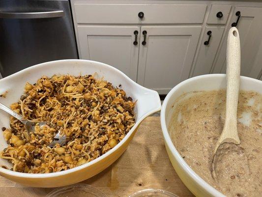 Koshari, ful mudammas put in bowls.