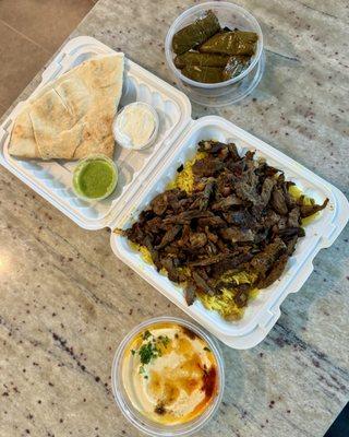 Beef and Lamb Shawarma Plate + 6 Pieces Grape Leaves