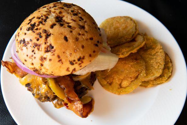 Cheeseburger with fried green tomatoes