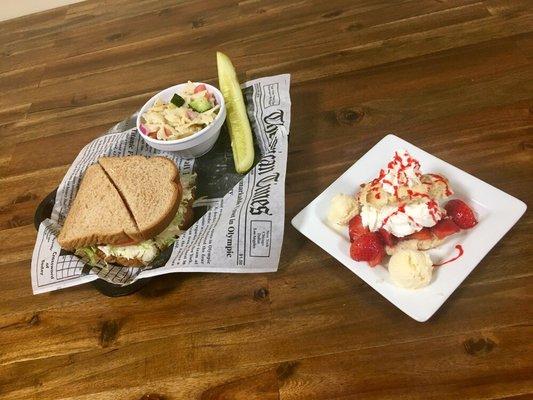 **Seasonal item**  Homemade chicken salad sandwich served with a side of pasta salad and pickle spear.  Homemade strawberry shortcake!