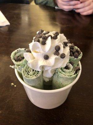 Mint chocolate chip rolled ice cream