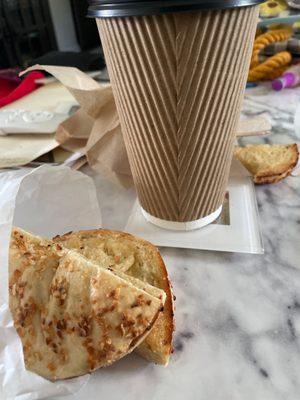 Onion bagel and latte