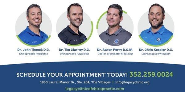 Dr. John Theeck, Dr. Tim Clarrey, Dr. Aaron Perry, and Dr Chris Kessler; Chiropractors and Acupuncturist