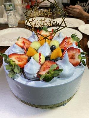 Birthday with mixed fruit inside. Cake is 6 inches and $30.