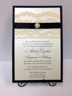 2 Layer Invitation with white Lace, Black Satin Ribbon & Pearl Button.