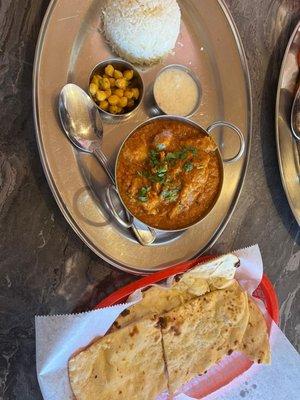 Lunch special thali with chicken mango curry