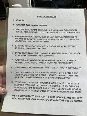 Rules of the house on the back of the menu