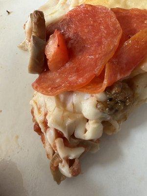 Cheese is not even melted; tomatoes and mushrooms still crunchy and raw.