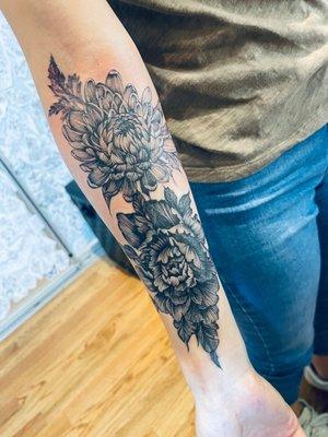 Tattoo coverup. Chrysanthemum and peony.