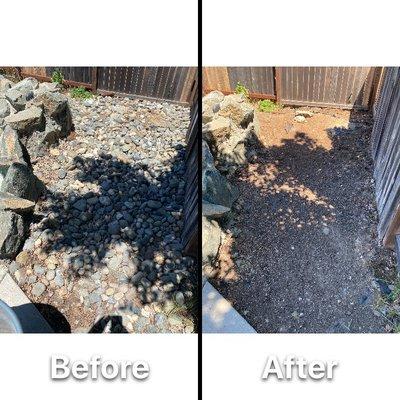 Before and after photo of river rock removal job