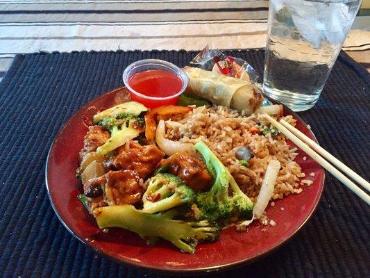 Takeout: tofu and mixed veg, veg fried rice, fried veg. spring roll.