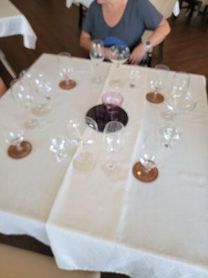 Table was set with four different types of glasses for our tasting.