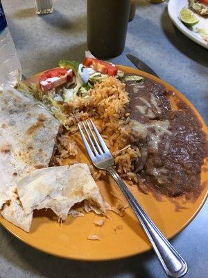 Chicken Quesadilla with rice and refrained beans