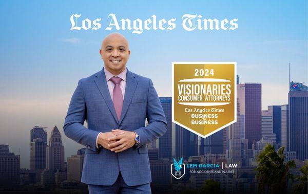 Lem Garcia, Visionary Consumer Attorney 2024 by LA Times. Trusted legal expert in accidents, injuries, and personal injury law excellence.