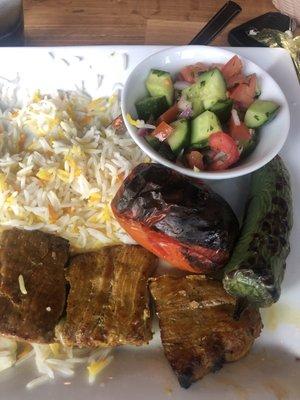 Steak Kebab, basmati rice, grilled tomato and pepper