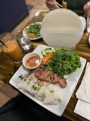 Fine Vermicelli Wraps with Cured Pork - Banh Hoi & Nem Nuong, $17.95. Listed under appetizers but ordered as a main.