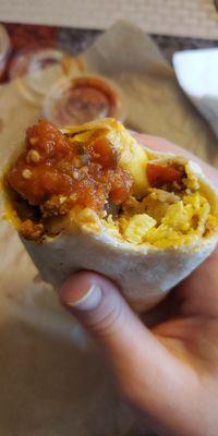 Inside the burrito - egg, cheese, potato and meat