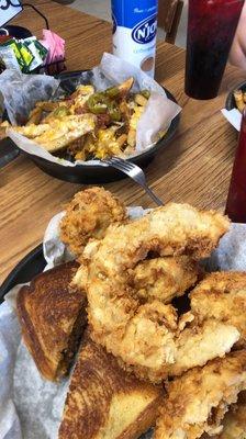 Patty melt, onion rings and loaded fries