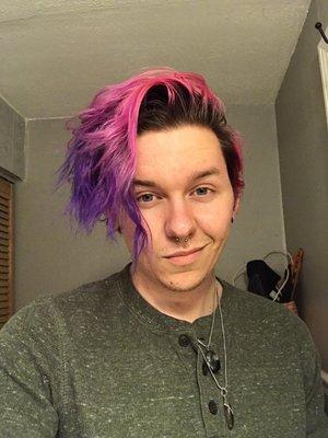 Dual half pink half purple color job, this was about a month after she had dyed it