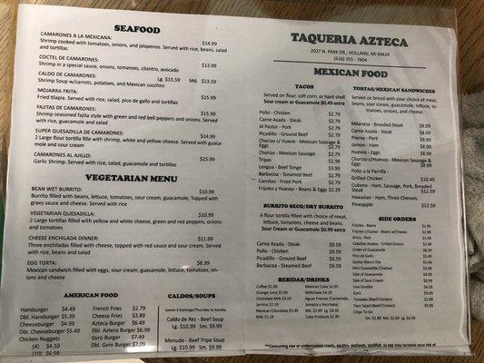 Menu in Store