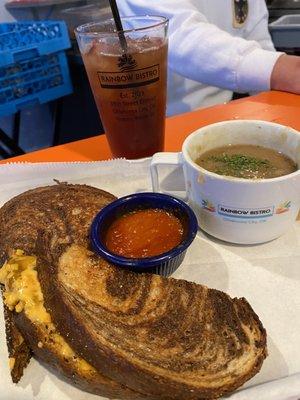 Spicy cheesy pimento panini on Marble rye.    With homemade German potato soup.  Dipping sauce is handcrafted curry catchup.   Yummy