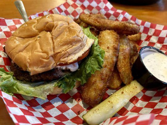 California burger with fried pickles