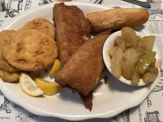 Catfish platter with Green T'maters and apples