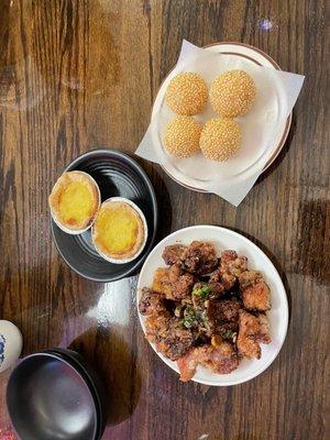 Short ribs, egg tarts and sesame balls