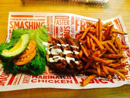 Avocado Burger with sweet potato fries