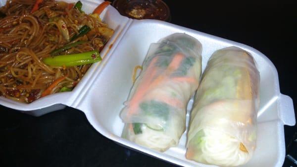 Vegetable Singapore noodles with veggie spring rolls