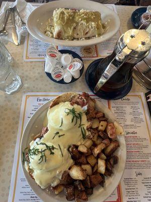 Top: Green Chili Breakfast Burrito Bottom: Irish Eggs Benedict with home fries